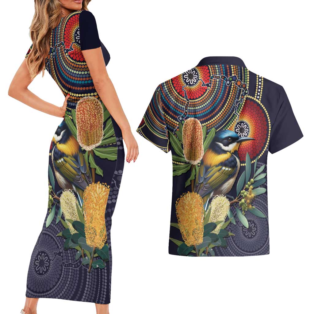 Aussie Honeyeaters Banksia Flowers Couples Matching Short Sleeve Bodycon Dress and Hawaiian Shirt Aboriginal Dots Painting