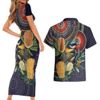 Aussie Honeyeaters Banksia Flowers Couples Matching Short Sleeve Bodycon Dress and Hawaiian Shirt Aboriginal Dots Painting