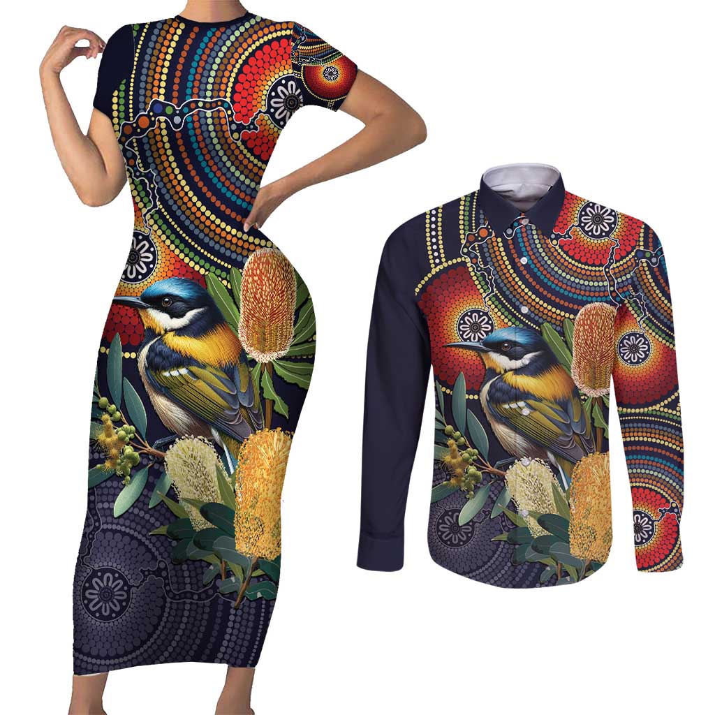 Aussie Honeyeaters Banksia Flowers Couples Matching Short Sleeve Bodycon Dress and Long Sleeve Button Shirt Aboriginal Dots Painting
