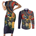 Aussie Honeyeaters Banksia Flowers Couples Matching Short Sleeve Bodycon Dress and Long Sleeve Button Shirt Aboriginal Dots Painting