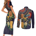 Aussie Honeyeaters Banksia Flowers Couples Matching Short Sleeve Bodycon Dress and Long Sleeve Button Shirt Aboriginal Dots Painting