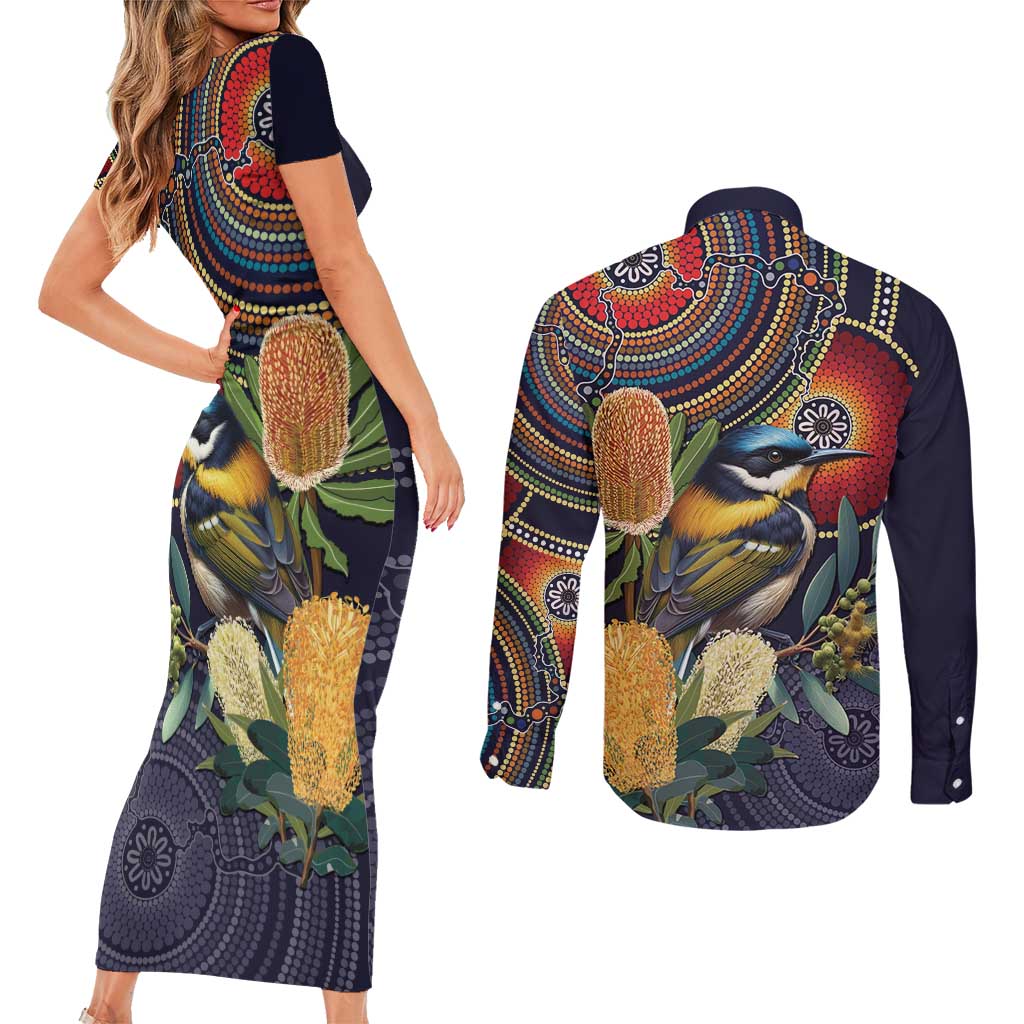 Aussie Honeyeaters Banksia Flowers Couples Matching Short Sleeve Bodycon Dress and Long Sleeve Button Shirt Aboriginal Dots Painting
