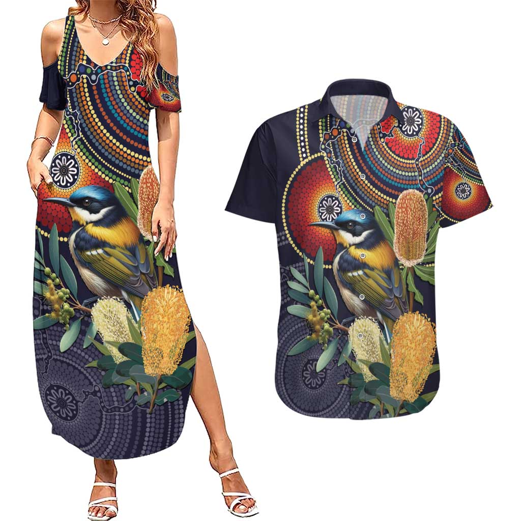 Aussie Honeyeaters Banksia Flowers Couples Matching Summer Maxi Dress and Hawaiian Shirt Aboriginal Dots Painting