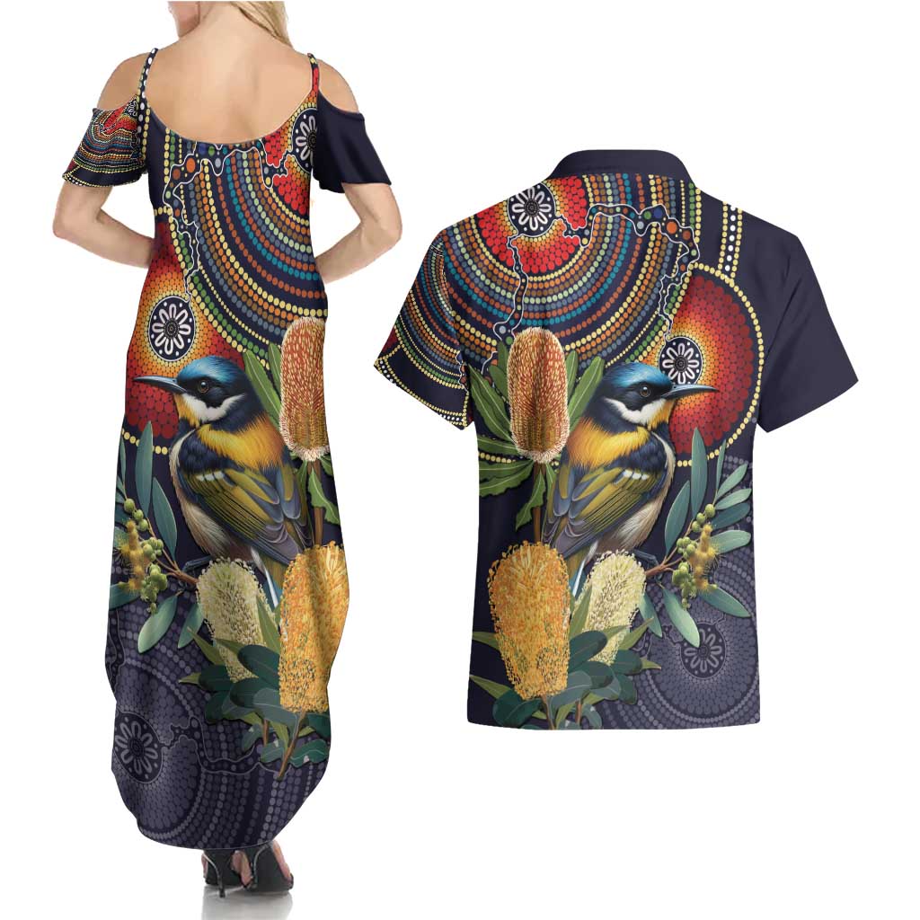 Aussie Honeyeaters Banksia Flowers Couples Matching Summer Maxi Dress and Hawaiian Shirt Aboriginal Dots Painting