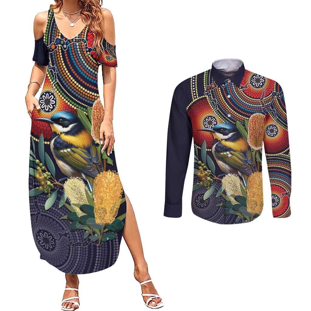 Aussie Honeyeaters Banksia Flowers Couples Matching Summer Maxi Dress and Long Sleeve Button Shirt Aboriginal Dots Painting