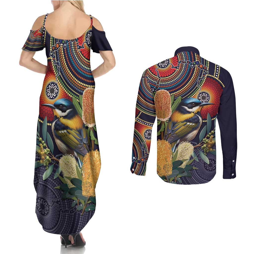 Aussie Honeyeaters Banksia Flowers Couples Matching Summer Maxi Dress and Long Sleeve Button Shirt Aboriginal Dots Painting