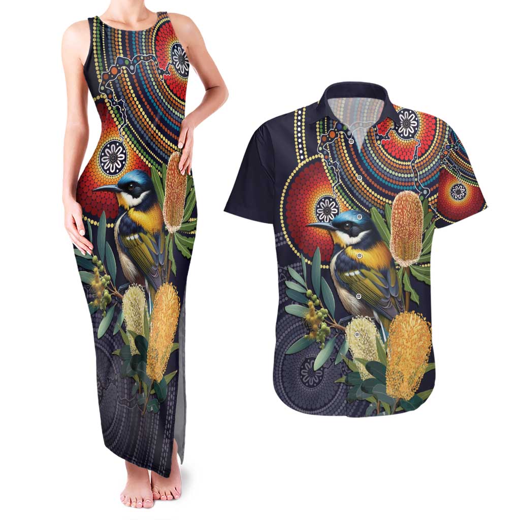 Aussie Honeyeaters Banksia Flowers Couples Matching Tank Maxi Dress and Hawaiian Shirt Aboriginal Dots Painting