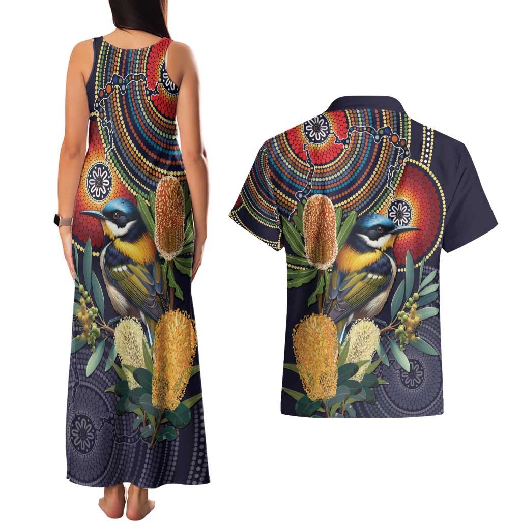 Aussie Honeyeaters Banksia Flowers Couples Matching Tank Maxi Dress and Hawaiian Shirt Aboriginal Dots Painting