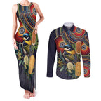 Aussie Honeyeaters Banksia Flowers Couples Matching Tank Maxi Dress and Long Sleeve Button Shirt Aboriginal Dots Painting