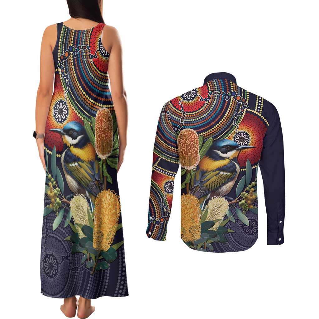 Aussie Honeyeaters Banksia Flowers Couples Matching Tank Maxi Dress and Long Sleeve Button Shirt Aboriginal Dots Painting