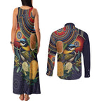 Aussie Honeyeaters Banksia Flowers Couples Matching Tank Maxi Dress and Long Sleeve Button Shirt Aboriginal Dots Painting