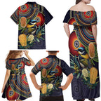 Aussie Honeyeaters Banksia Flowers Family Matching Off Shoulder Maxi Dress and Hawaiian Shirt Aboriginal Dots Painting