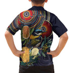Aussie Honeyeaters Banksia Flowers Family Matching Short Sleeve Bodycon Dress and Hawaiian Shirt Aboriginal Dots Painting