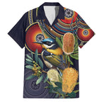 Aussie Honeyeaters Banksia Flowers Family Matching Short Sleeve Bodycon Dress and Hawaiian Shirt Aboriginal Dots Painting