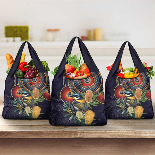 Aussie Honeyeaters Banksia Flowers Grocery Bag Aboriginal Dots Painting