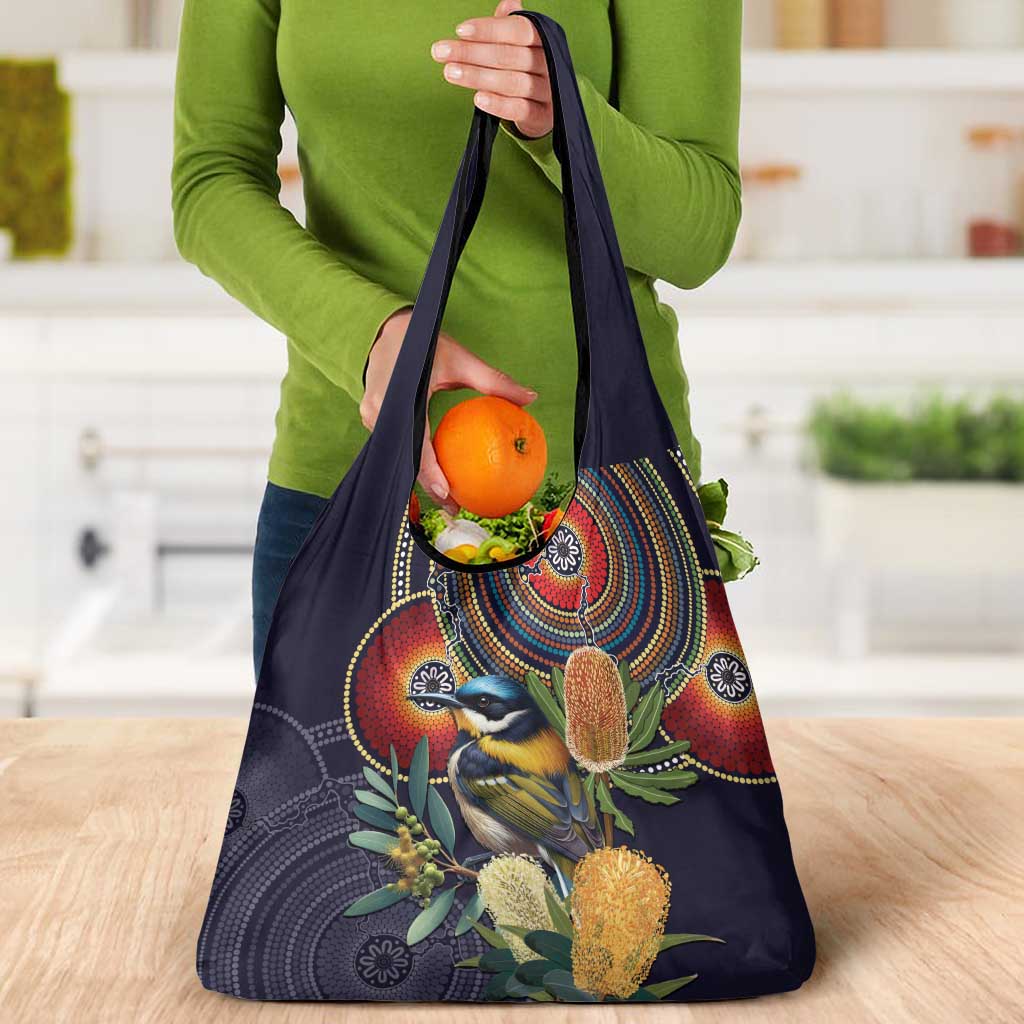 Aussie Honeyeaters Banksia Flowers Grocery Bag Aboriginal Dots Painting