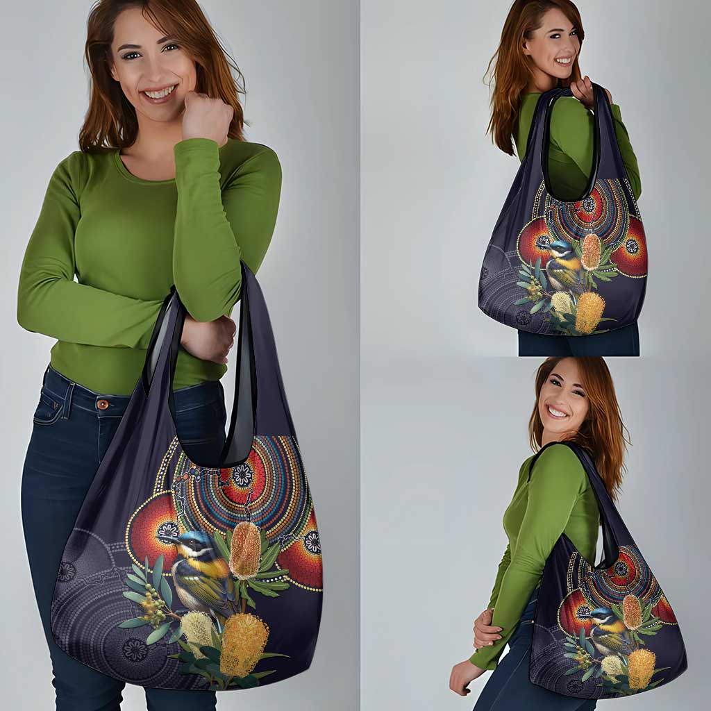 Aussie Honeyeaters Banksia Flowers Grocery Bag Aboriginal Dots Painting