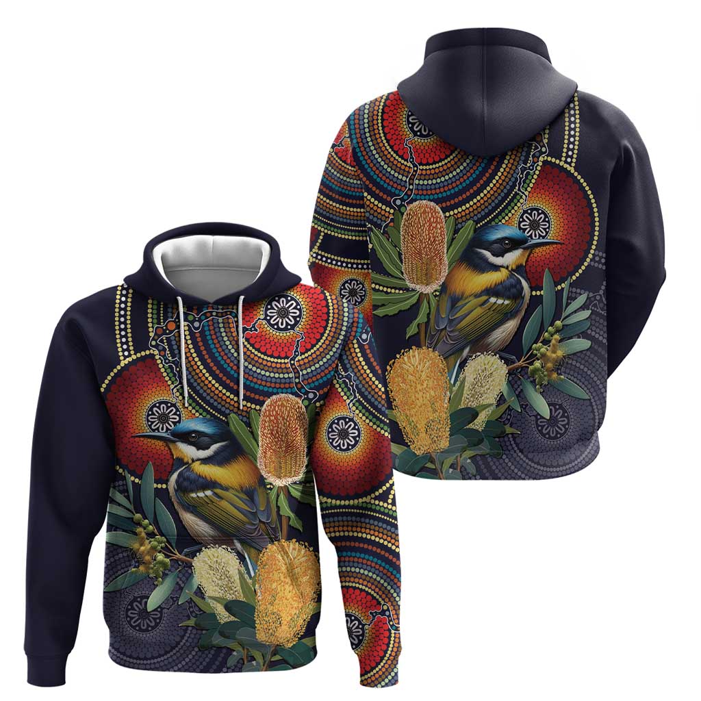 Aussie Honeyeaters Banksia Flowers Hoodie Aboriginal Dots Painting