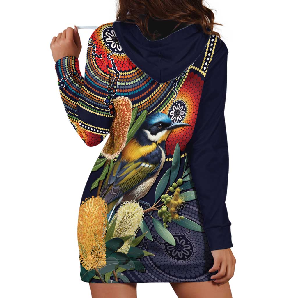 Aussie Honeyeaters Banksia Flowers Hoodie Dress Aboriginal Dots Painting