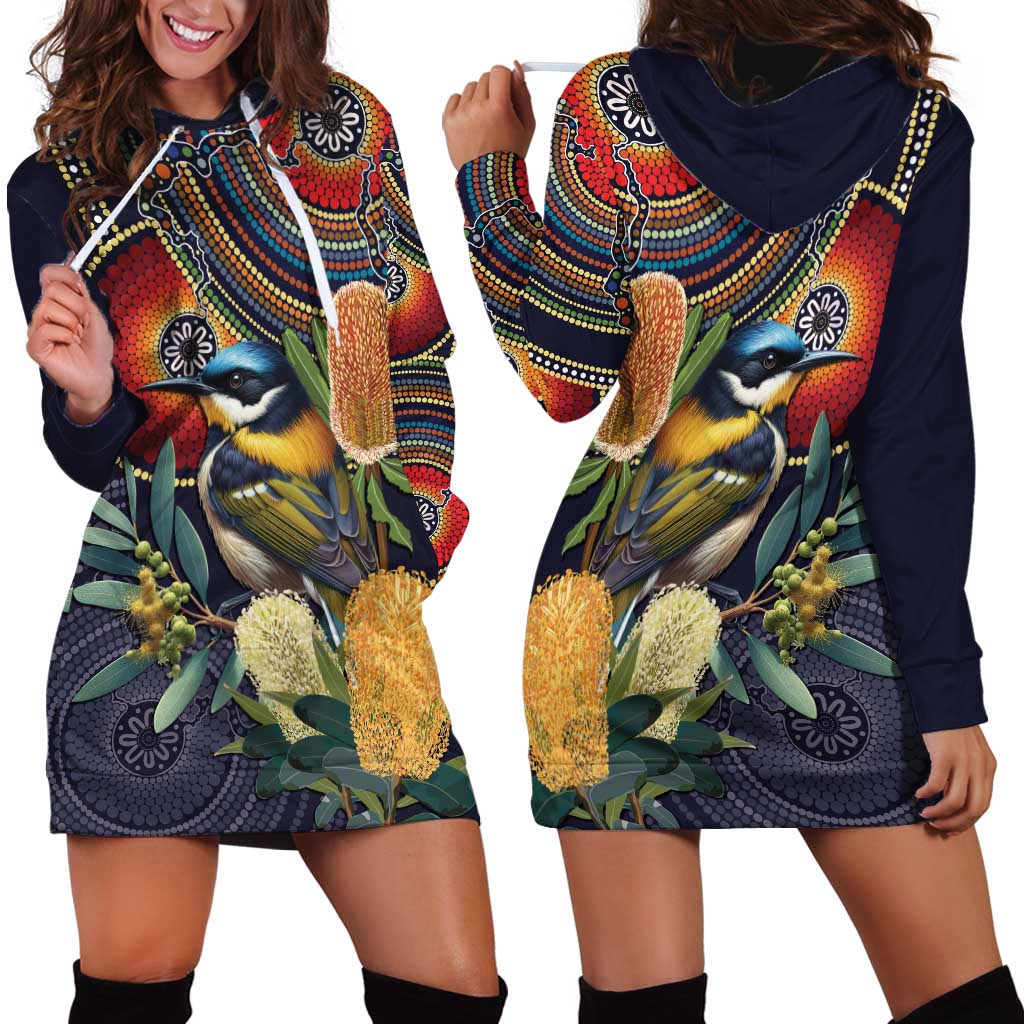 Aussie Honeyeaters Banksia Flowers Hoodie Dress Aboriginal Dots Painting