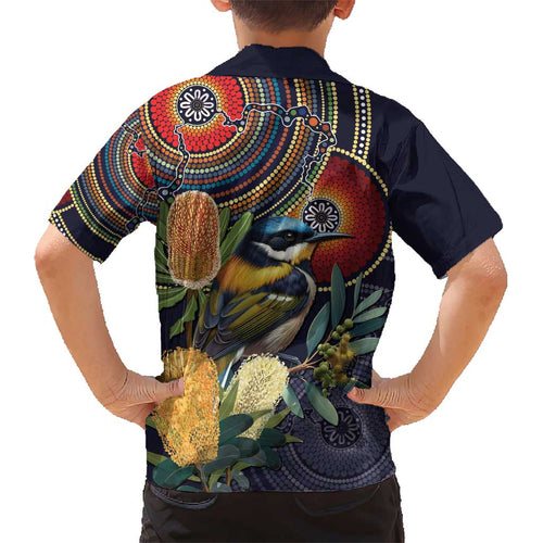 Aussie Honeyeaters Banksia Flowers Kid Hawaiian Shirt Aboriginal Dots Painting