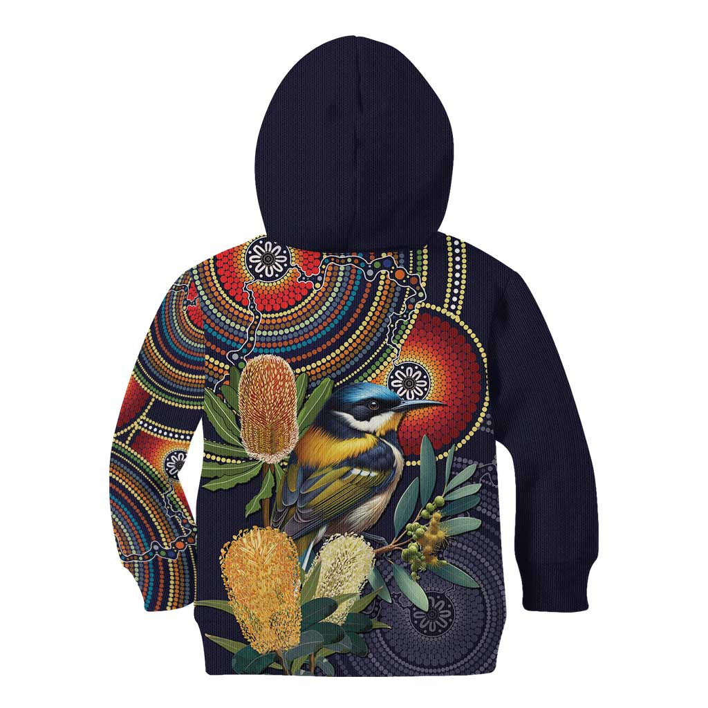 Aussie Honeyeaters Banksia Flowers Kid Hoodie Aboriginal Dots Painting