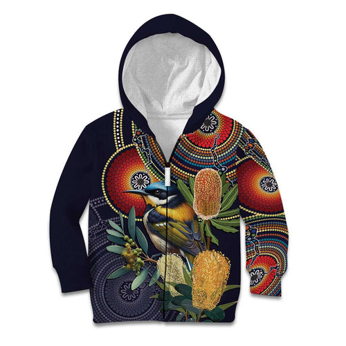 Aussie Honeyeaters Banksia Flowers Kid Hoodie Aboriginal Dots Painting