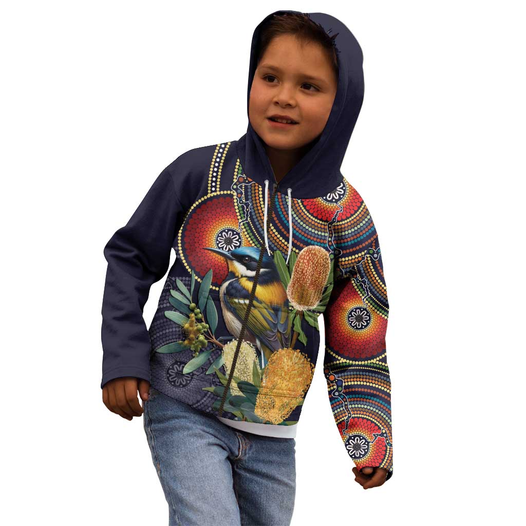 Aussie Honeyeaters Banksia Flowers Kid Hoodie Aboriginal Dots Painting