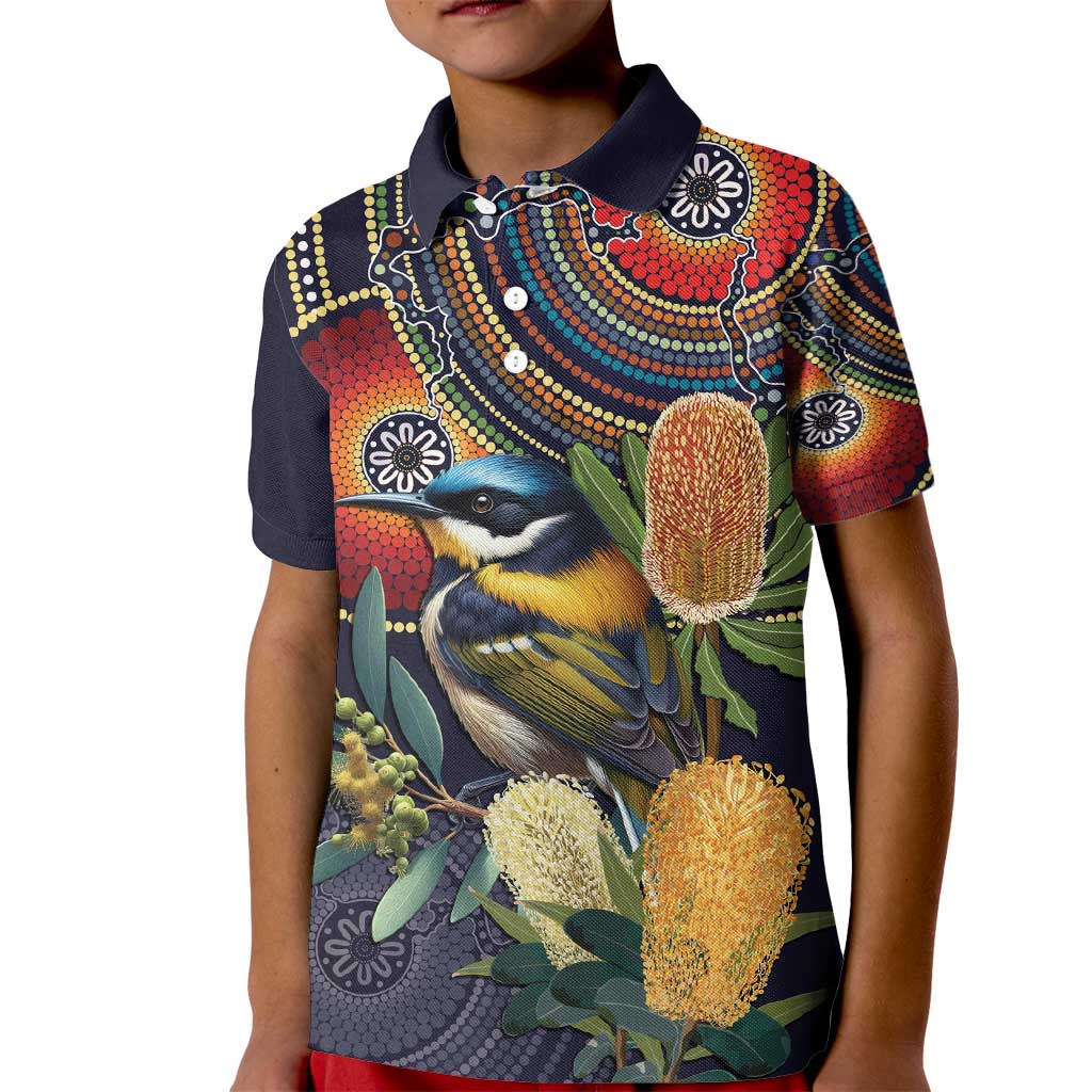Aussie Honeyeaters Banksia Flowers Kid Polo Shirt Aboriginal Dots Painting