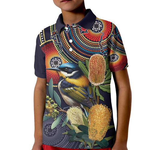 Aussie Honeyeaters Banksia Flowers Kid Polo Shirt Aboriginal Dots Painting