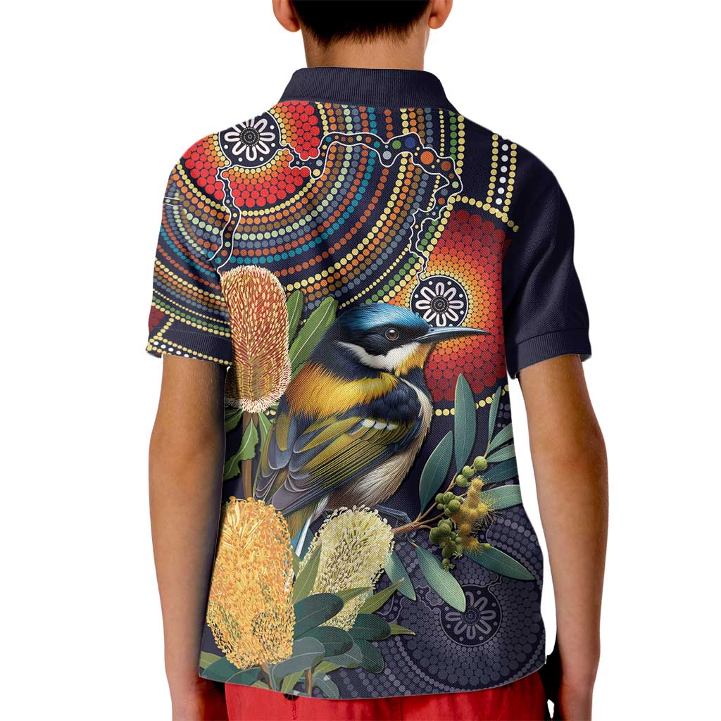 Aussie Honeyeaters Banksia Flowers Kid Polo Shirt Aboriginal Dots Painting