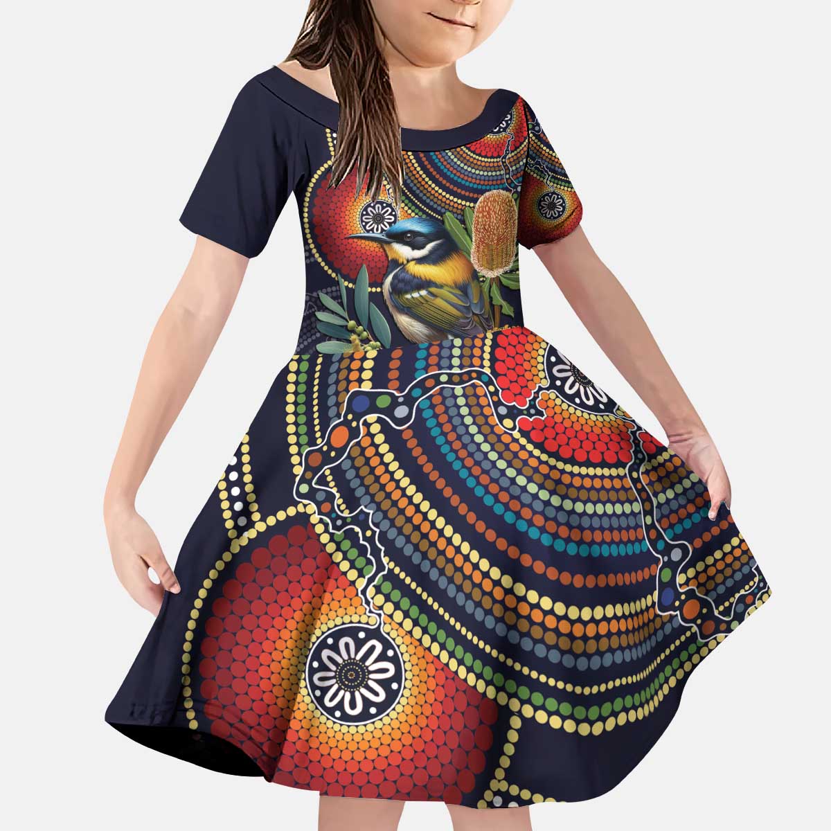 Aussie Honeyeaters Banksia Flowers Kid Short Sleeve Dress Aboriginal Dots Painting