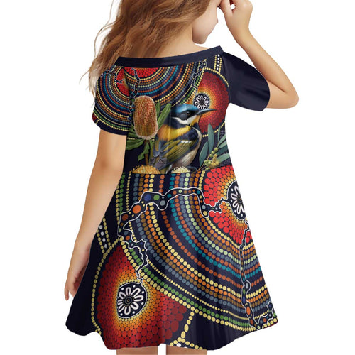 Aussie Honeyeaters Banksia Flowers Kid Short Sleeve Dress Aboriginal Dots Painting
