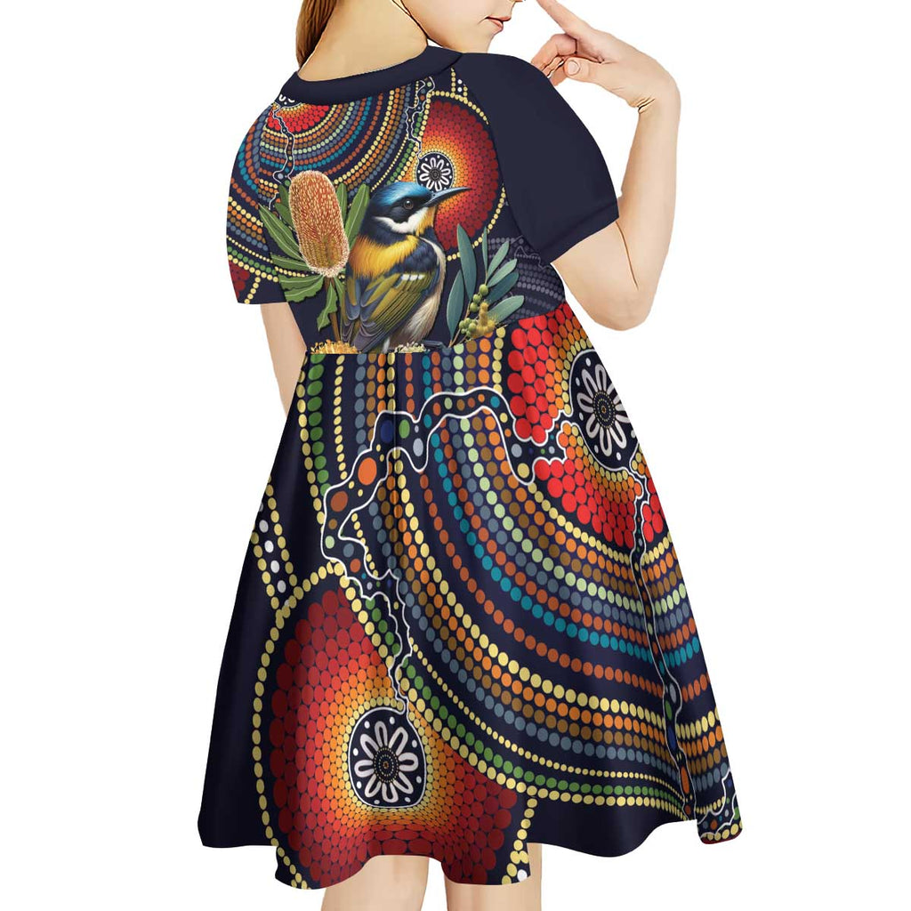 Aussie Honeyeaters Banksia Flowers Kid Short Sleeve Dress Aboriginal Dots Painting