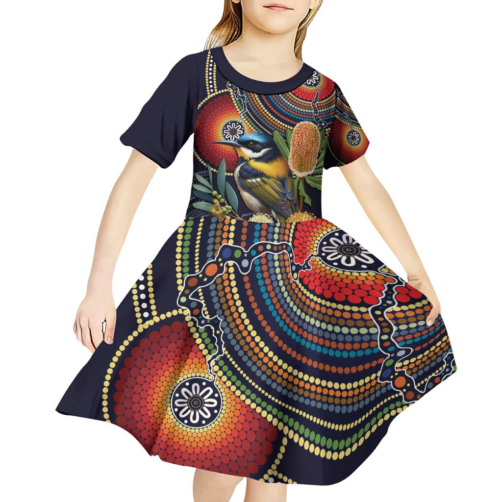 Aussie Honeyeaters Banksia Flowers Kid Short Sleeve Dress Aboriginal Dots Painting