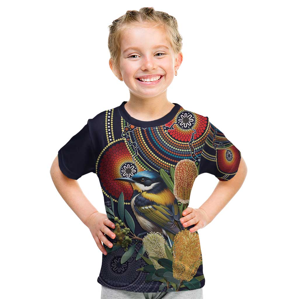 Aussie Honeyeaters Banksia Flowers Kid T Shirt Aboriginal Dots Painting