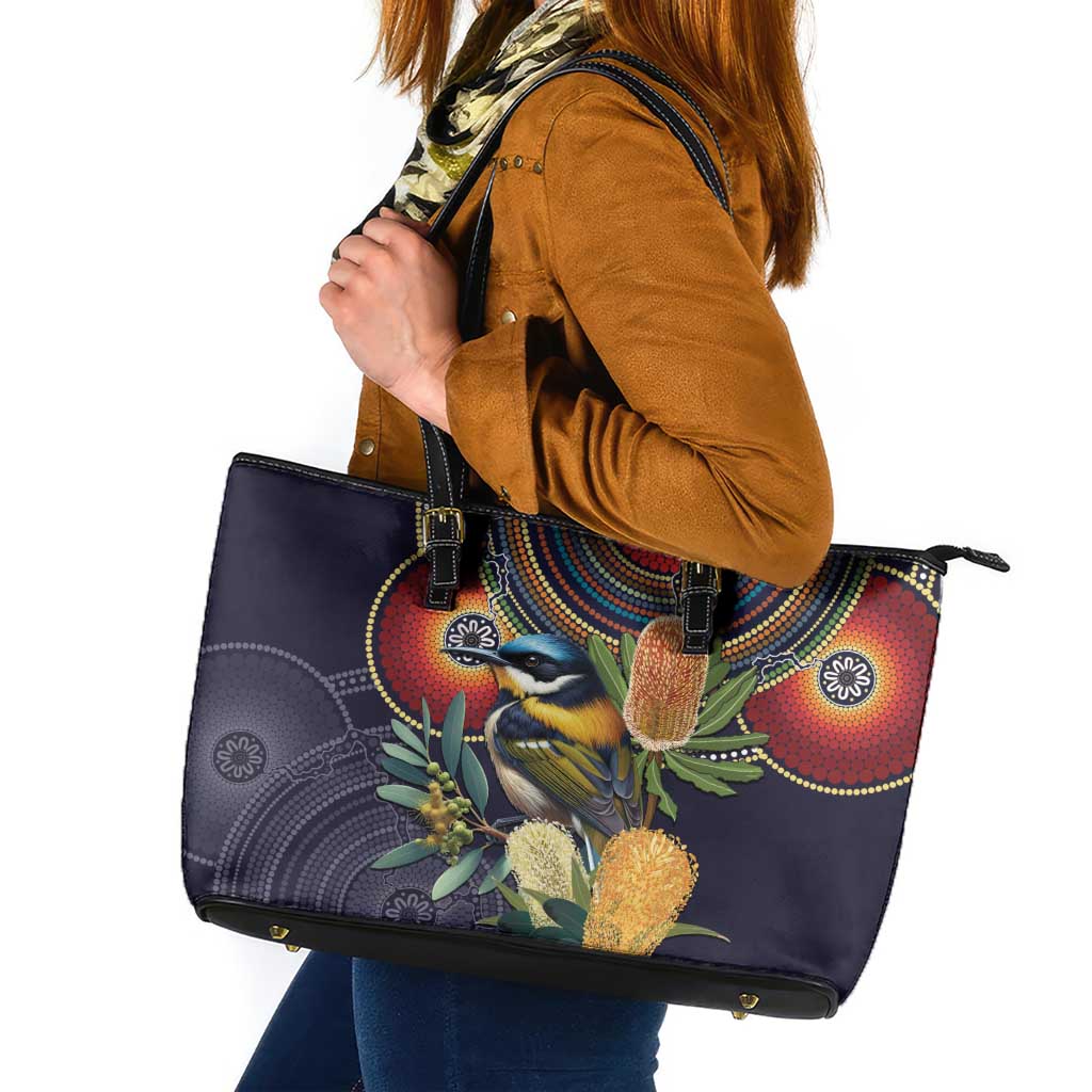 Aussie Honeyeaters Banksia Flowers Leather Tote Bag Aboriginal Dots Painting