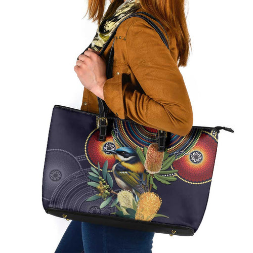 Aussie Honeyeaters Banksia Flowers Leather Tote Bag Aboriginal Dots Painting