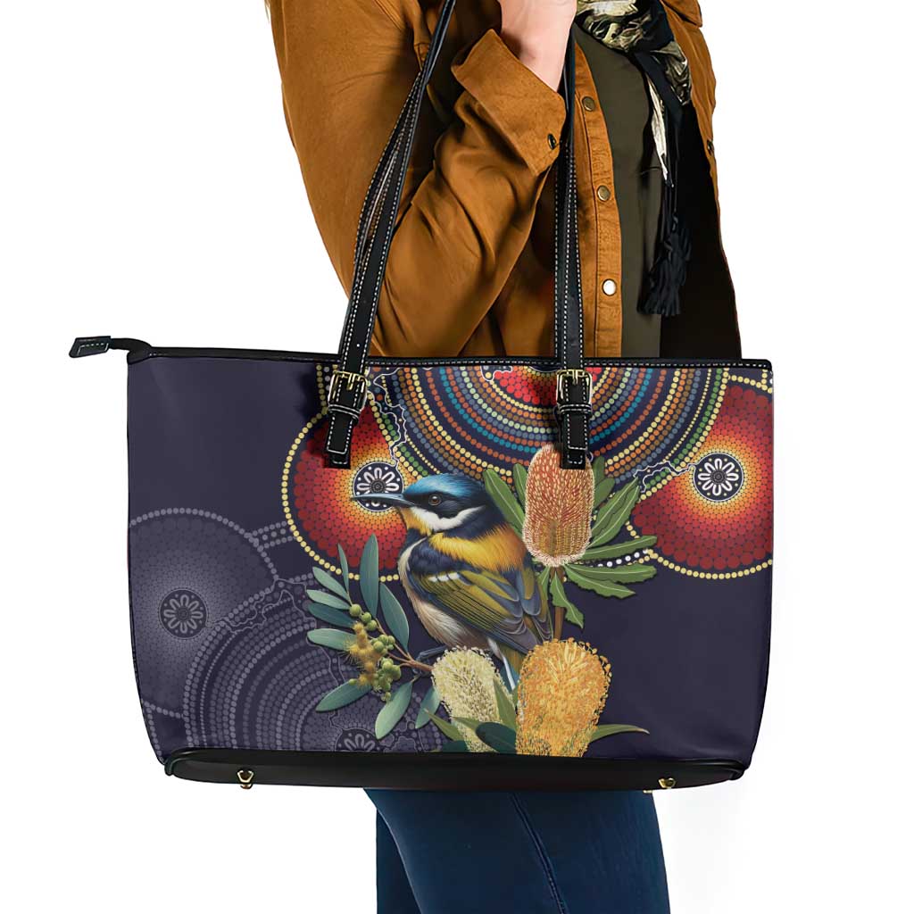 Aussie Honeyeaters Banksia Flowers Leather Tote Bag Aboriginal Dots Painting