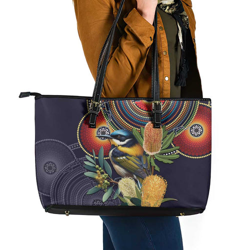 Aussie Honeyeaters Banksia Flowers Leather Tote Bag Aboriginal Dots Painting