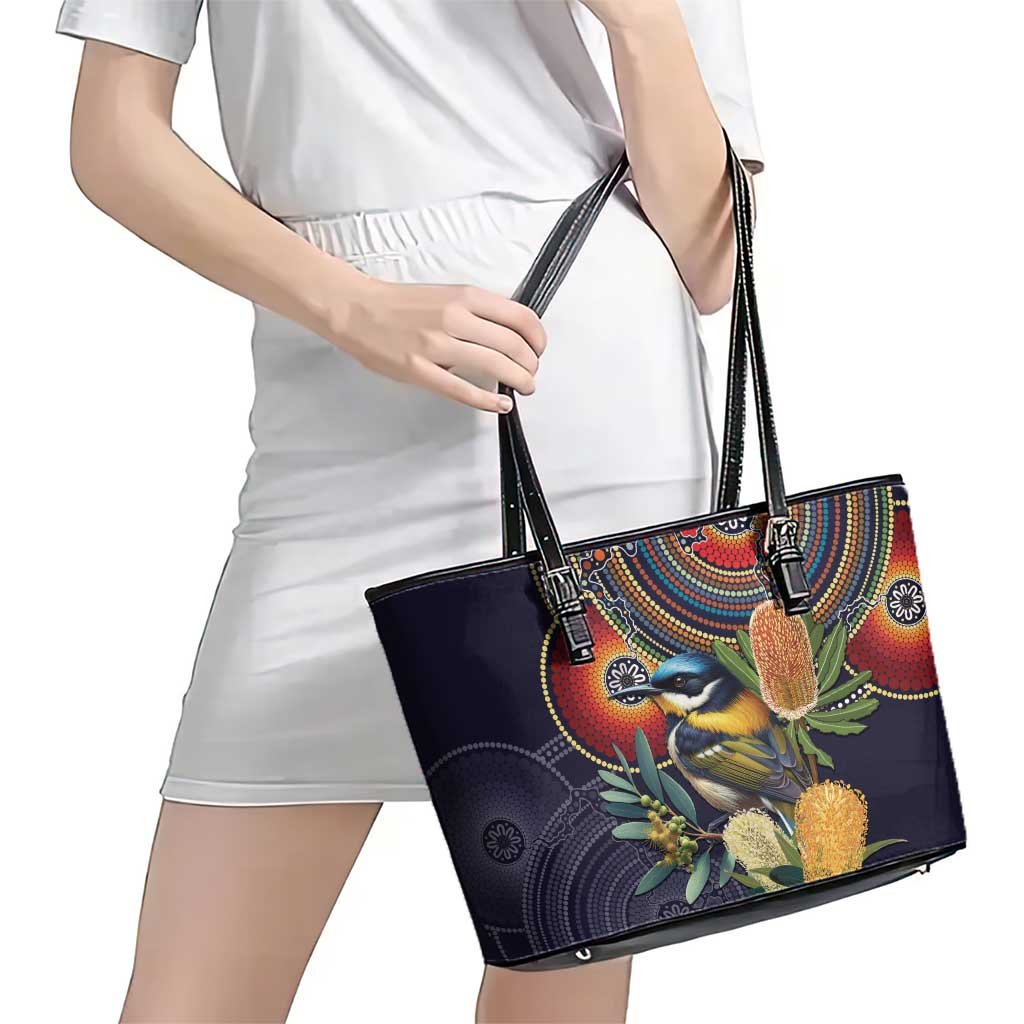 Aussie Honeyeaters Banksia Flowers Leather Tote Bag Aboriginal Dots Painting