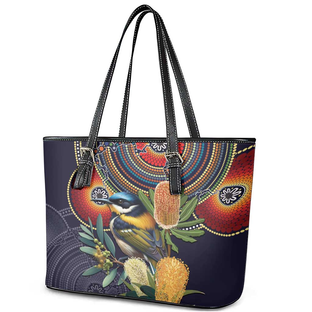Aussie Honeyeaters Banksia Flowers Leather Tote Bag Aboriginal Dots Painting