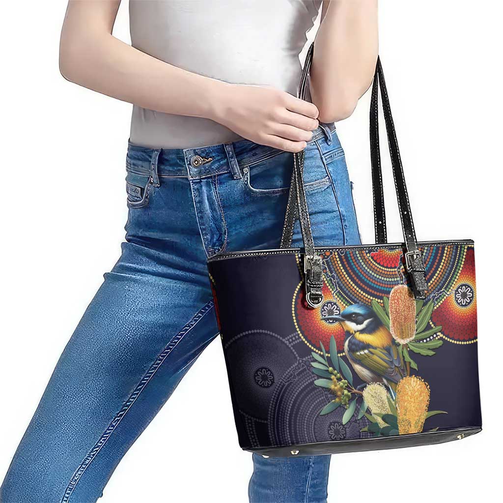 Aussie Honeyeaters Banksia Flowers Leather Tote Bag Aboriginal Dots Painting