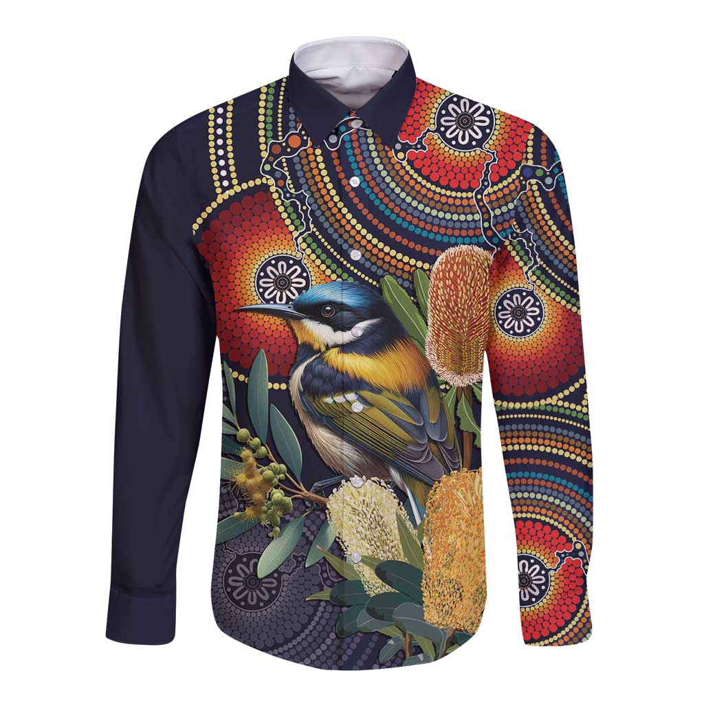 Aussie Honeyeaters Banksia Flowers Long Sleeve Button Shirt Aboriginal Dots Painting