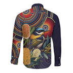 Aussie Honeyeaters Banksia Flowers Long Sleeve Button Shirt Aboriginal Dots Painting