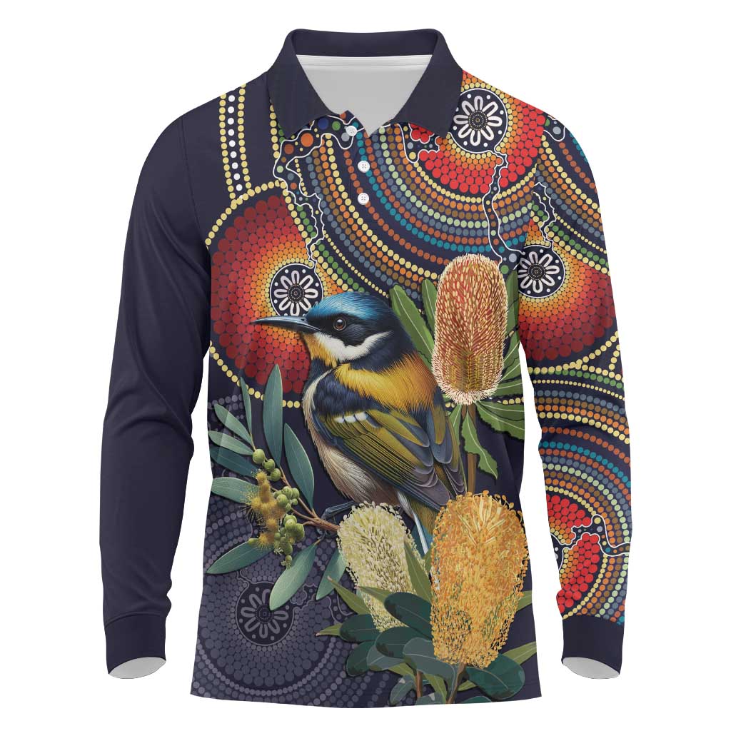 Aussie Honeyeaters Banksia Flowers Long Sleeve Polo Shirt Aboriginal Dots Painting
