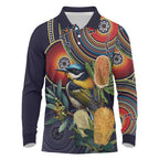 Aussie Honeyeaters Banksia Flowers Long Sleeve Polo Shirt Aboriginal Dots Painting