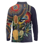 Aussie Honeyeaters Banksia Flowers Long Sleeve Polo Shirt Aboriginal Dots Painting