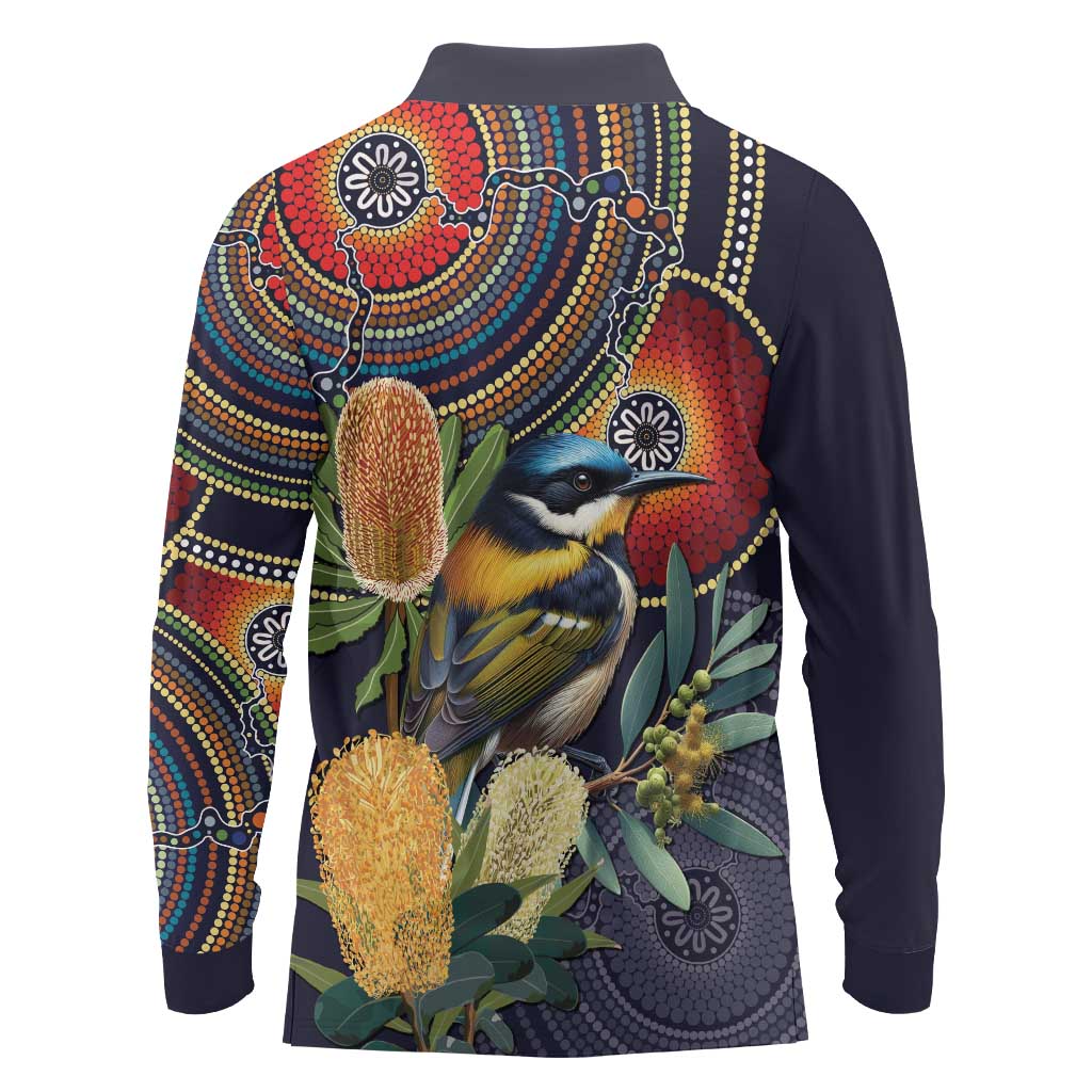 Aussie Honeyeaters Banksia Flowers Long Sleeve Polo Shirt Aboriginal Dots Painting