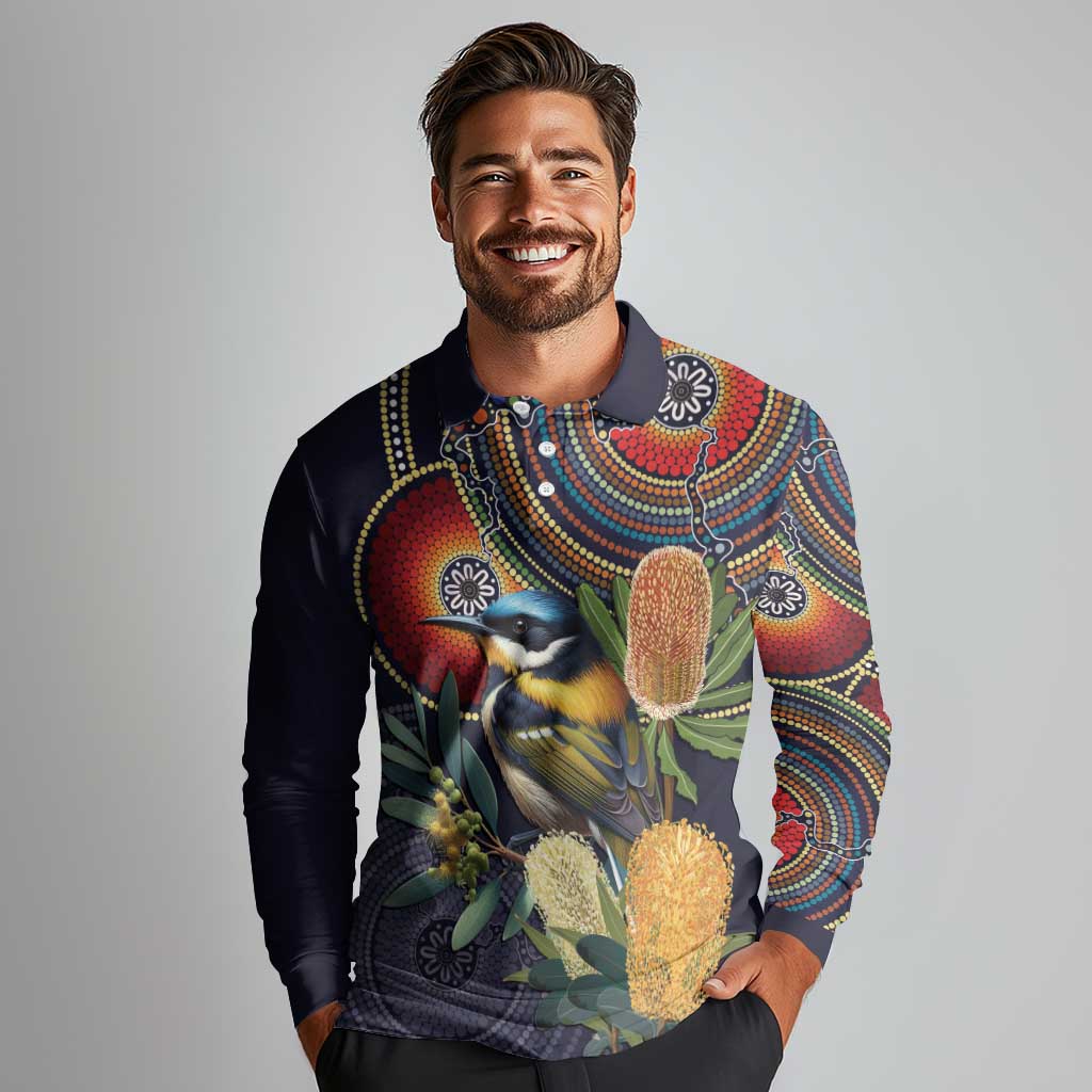 Aussie Honeyeaters Banksia Flowers Long Sleeve Polo Shirt Aboriginal Dots Painting